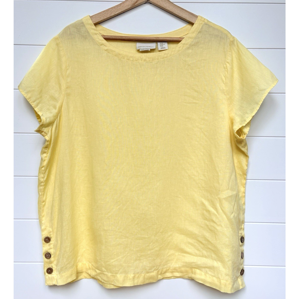 Cynthia Rowley 100% Linen Yellow Boxy Blouse Top XL Short Sleeve Button Beachy